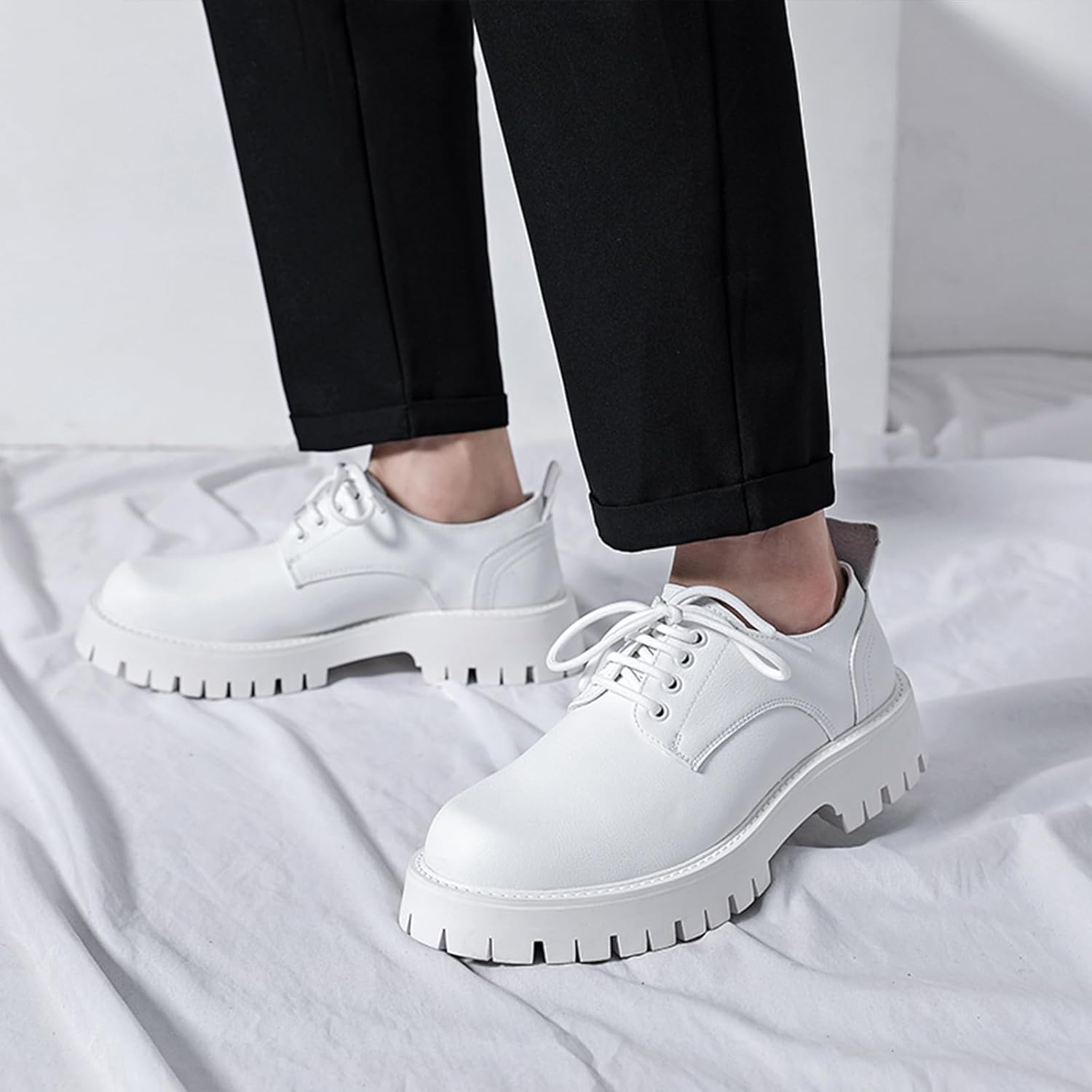 Мужские кожаные туфли с шнуровкой и массивной подошвой Oxfords, классический круглый носок, платформа, широкий каблук, деловые туфли, модные повседневные туфли Derby для увеличения роста Ptnoka, белый — фото 4