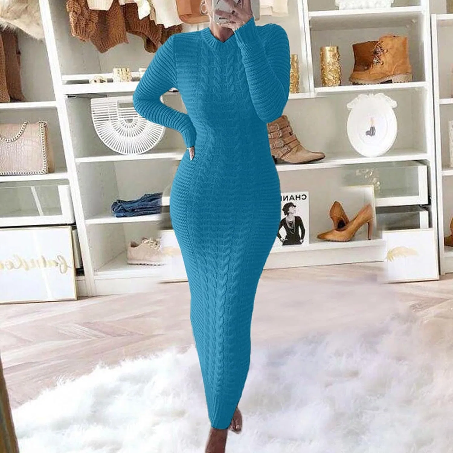 Женское платье-свитер с длинным рукавом, Crew Neck, Light Blue — фото 2