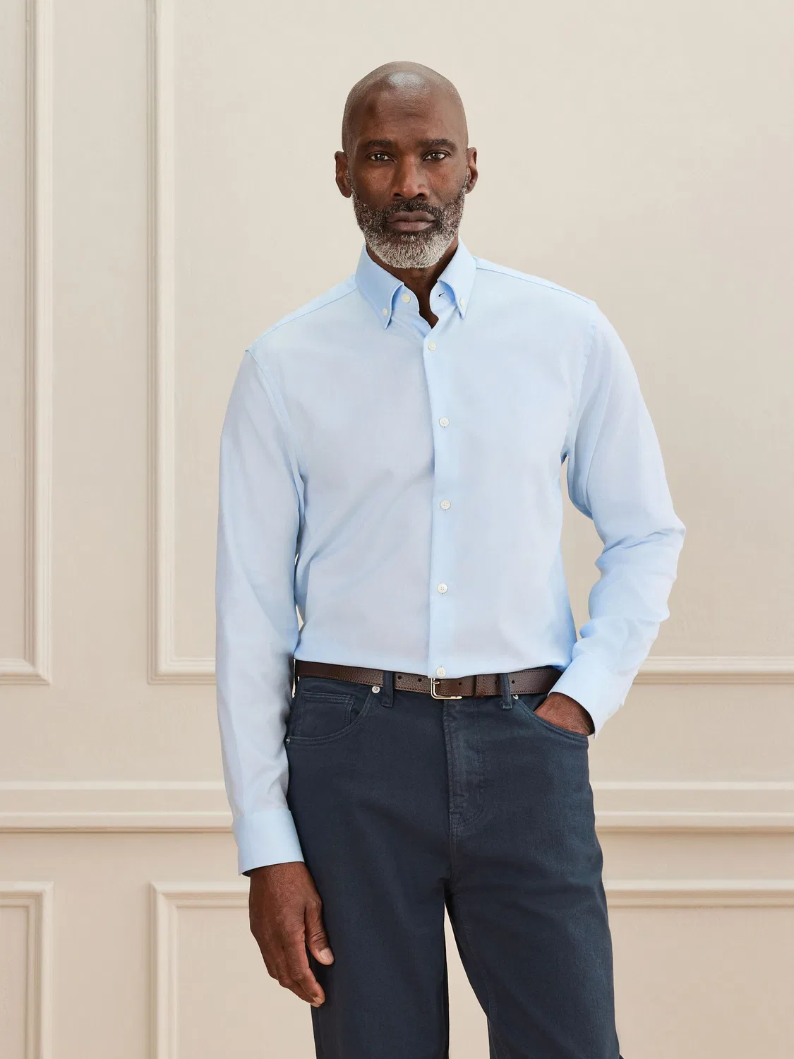 Next Синяя рубашка Slim Fit Signature из хлопка с воротником на пуговицах и элегантной оксфордской рубашкой — фото 4