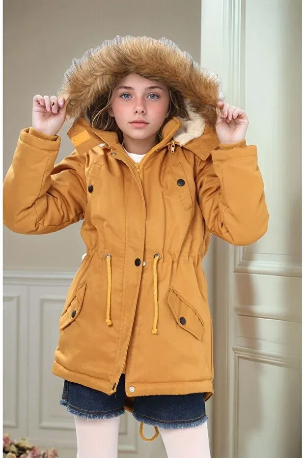 Детское пальто для девочек с капюшоном Girl'S winter thick inner fleece long parka model coat Your Consent, Hardal — фото 4