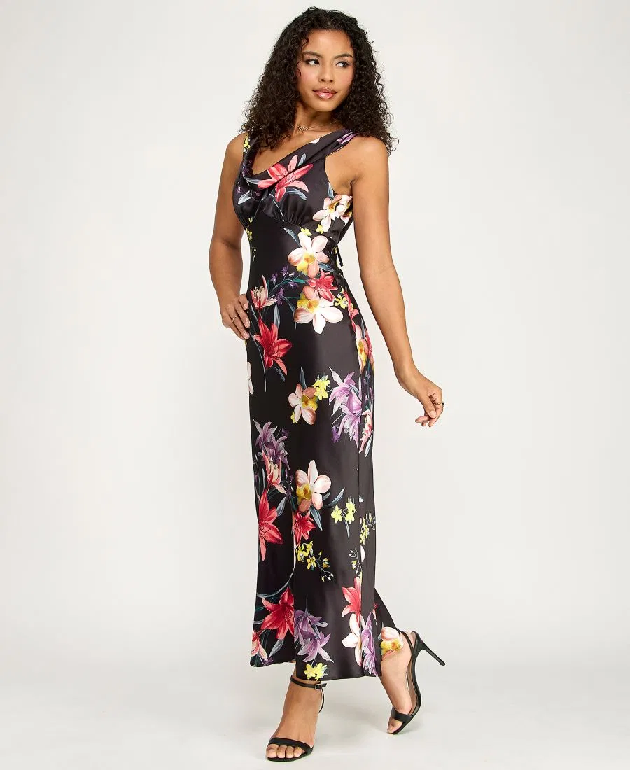 Платье с открытой спиной и завязками сзади, модель Printed Cowl Neck Dress KATIA RAE, Black Multi — фото 2