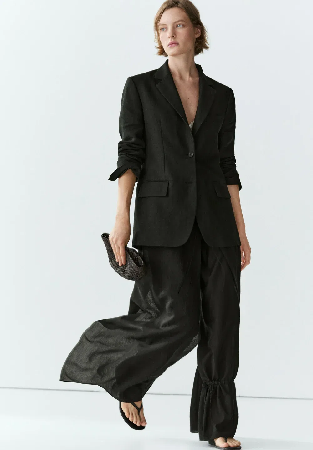 Брюки с двойным слоем ткани и завязками Massimo Dutti, Black — фото 2
