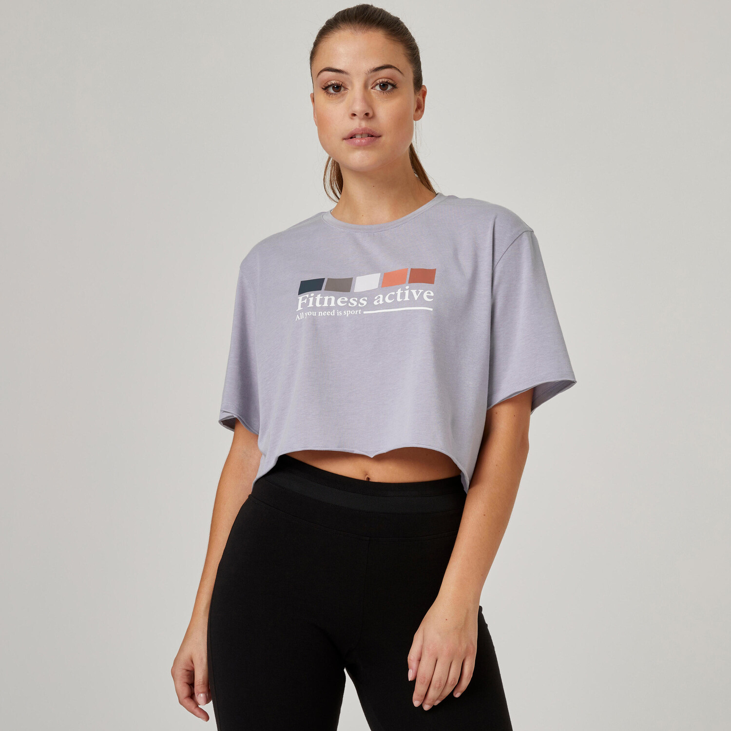 

Футболка Crop Top Fitness 520 прямого кроя круглый вырез хлопок женская фиолетовая DOMYOS, фиолетовый