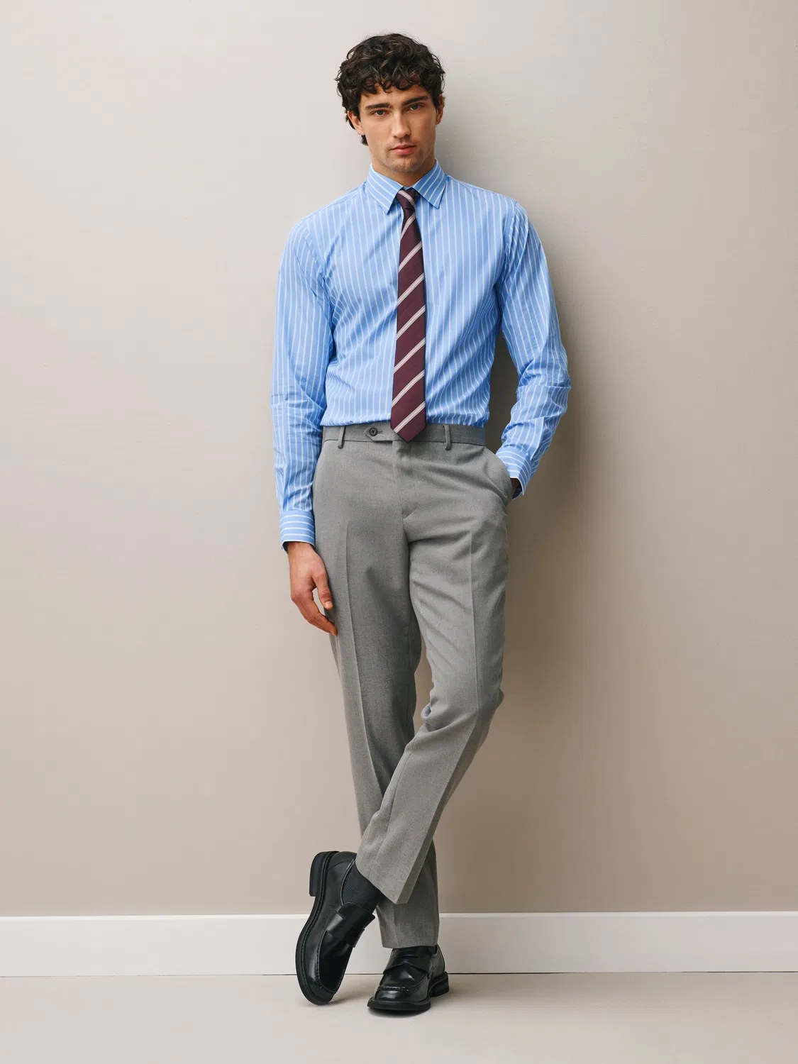 Рубашка с галстуком, хлопок, Slim Fit Next, синяя полоска/бордовый — фото 2