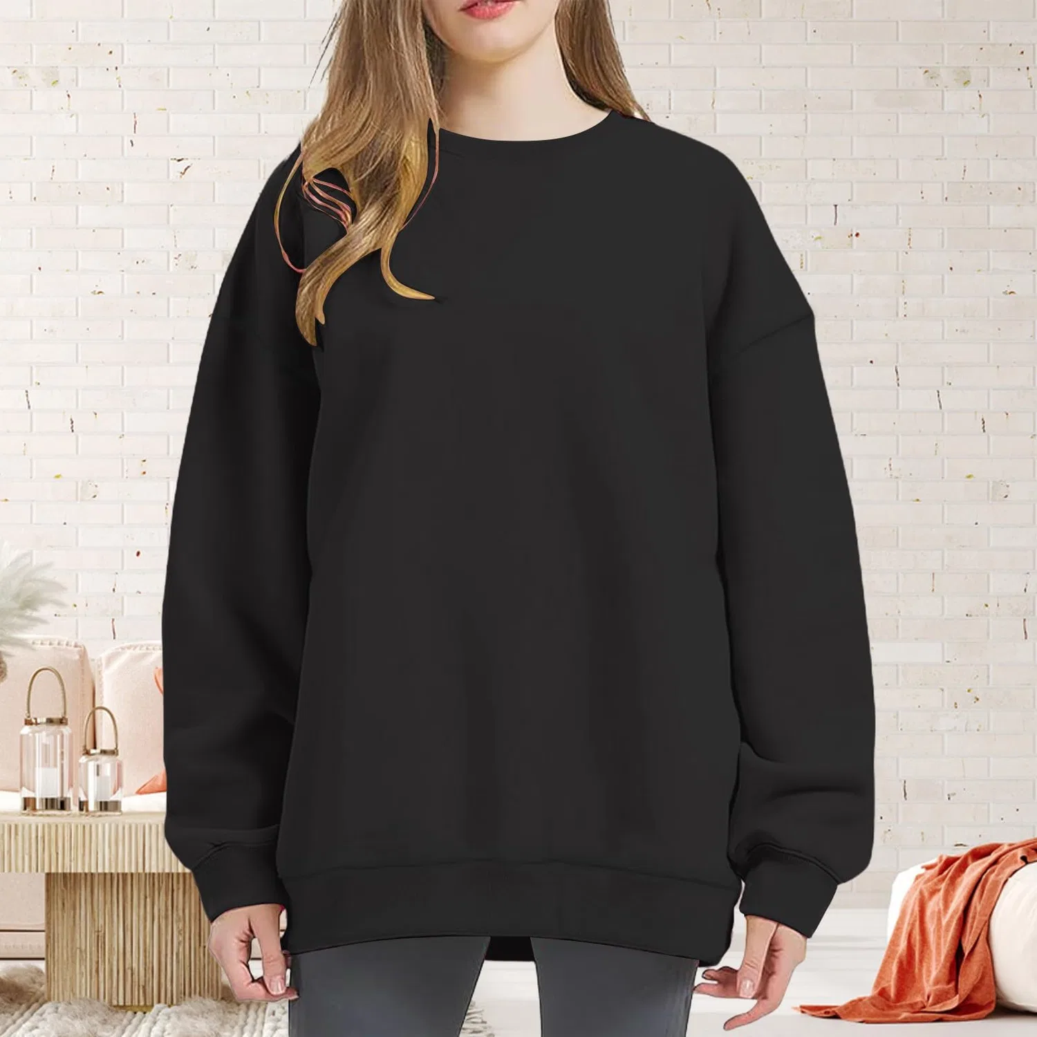 Женский худи с капюшоном и длинным рукавом, однотонный, плюс сайз, Black — фото 2