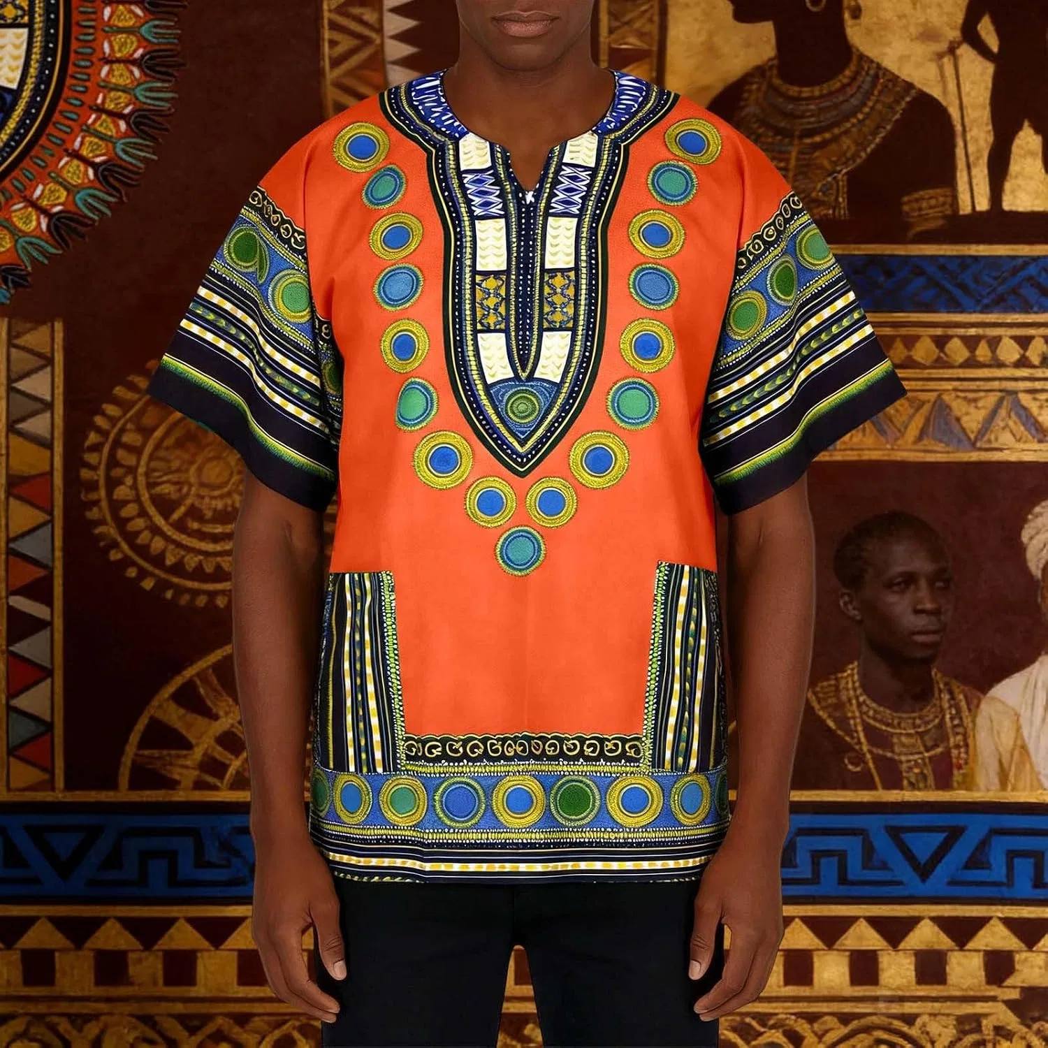 Мужская футболка с принтом Dashiki V-образным вырезом, Orange — фото 2