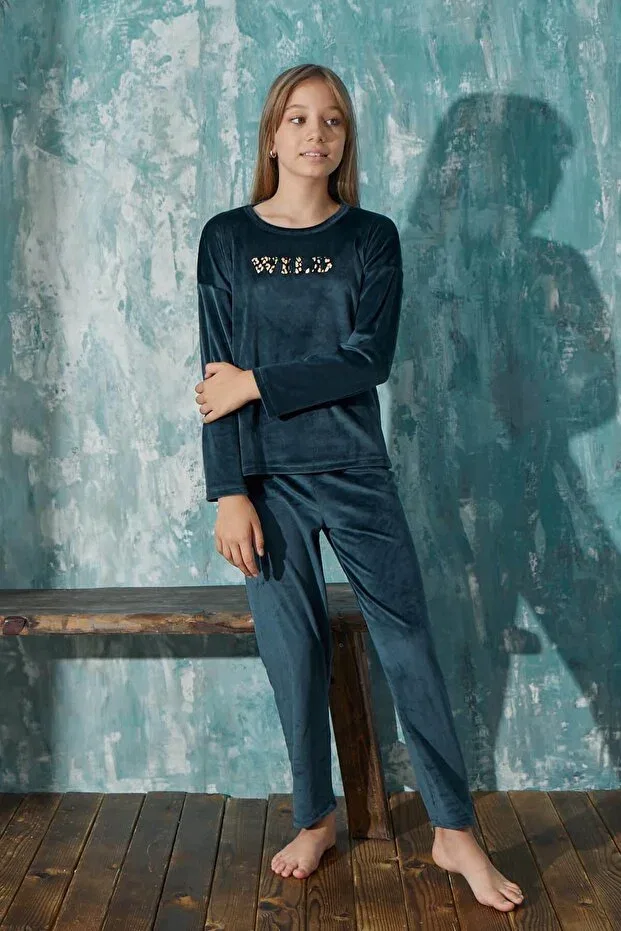 Детская пижама для девочек с принтом Petrol Wild Patterned Exclusive Velvet Pijamaevi, Oil Green — фото 3