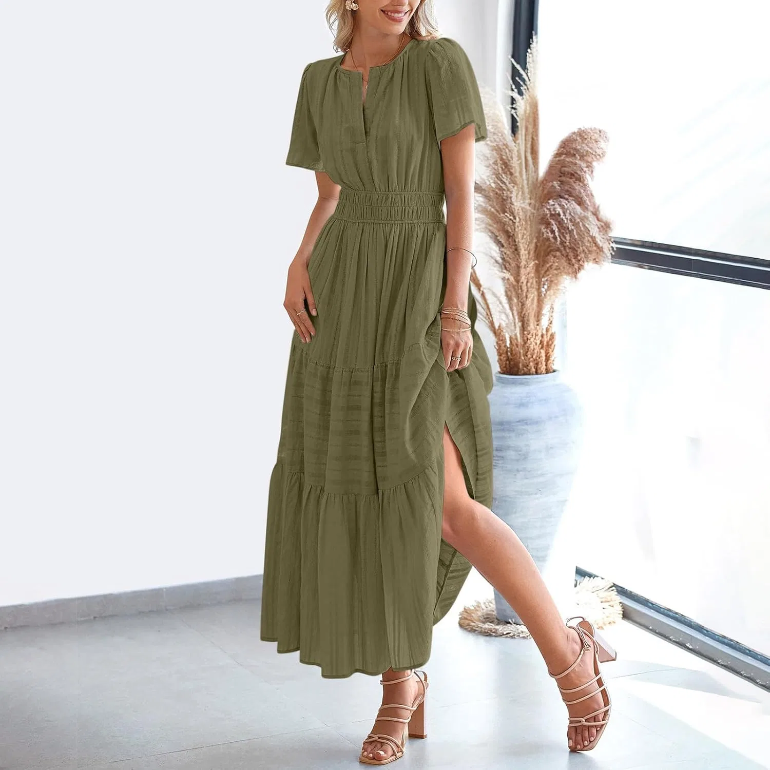 Женское макси-платье A-line с V-образным вырезом, Army Green — фото 3