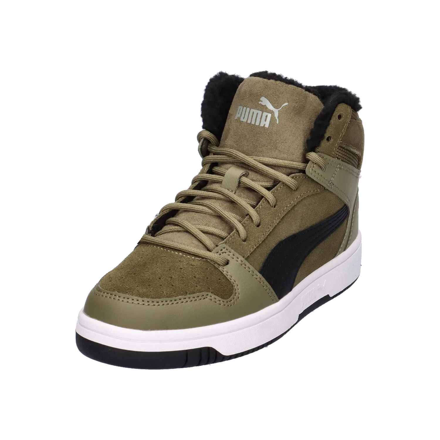 Детские кроссовки с высоким берцем Rebound Layup Fur SD Jr Puma, Olivgrun Schwarz Weiß — фото 4