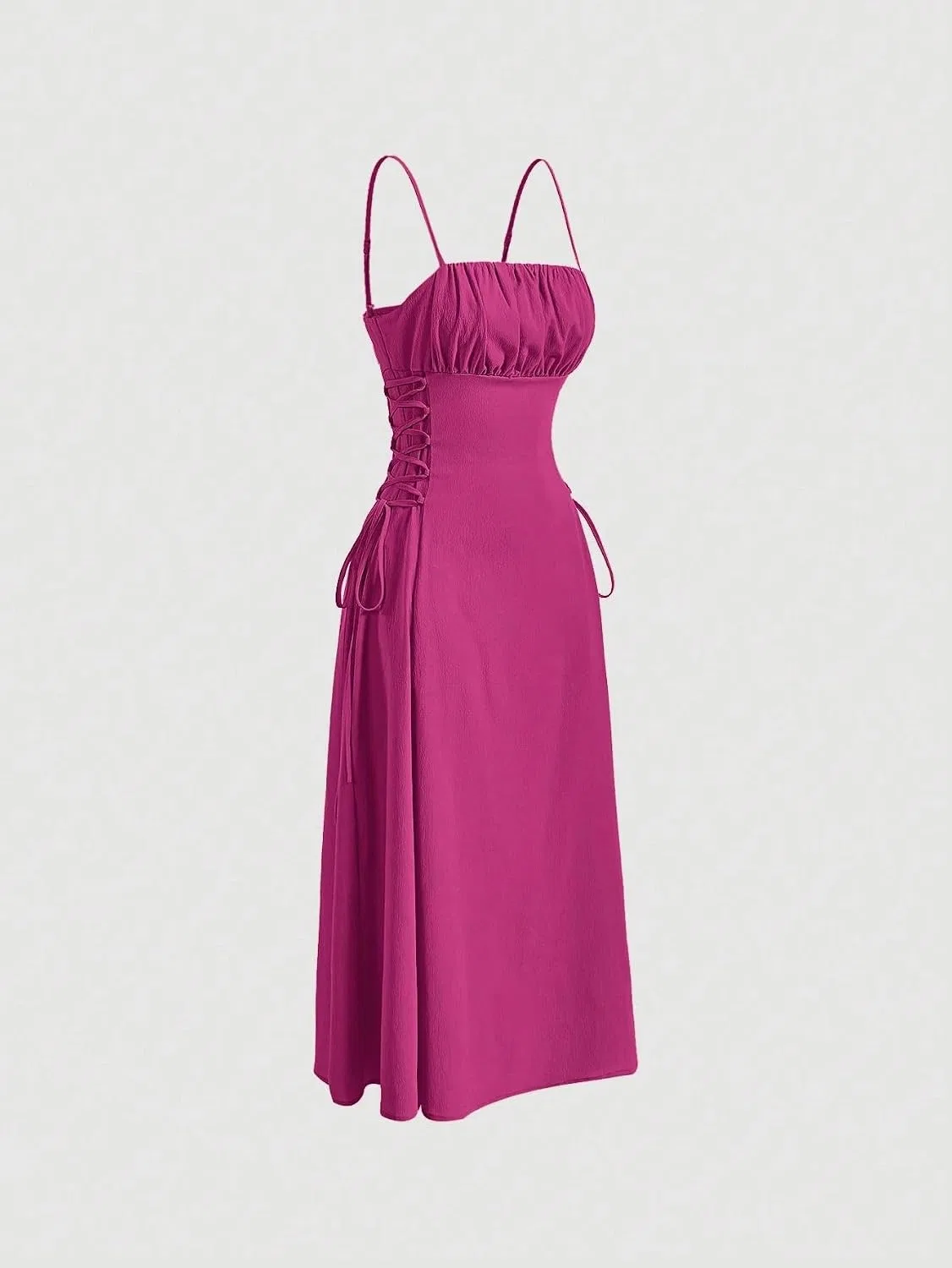 Женское платье миди с открытой спиной на бретелях, Hot Pink — фото 4
