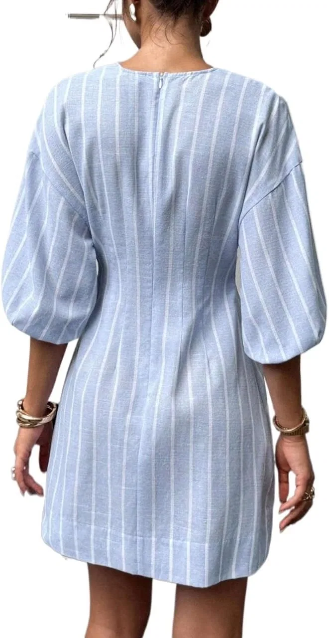 Женское платье с полосками с высокой талией, Blue — фото 2