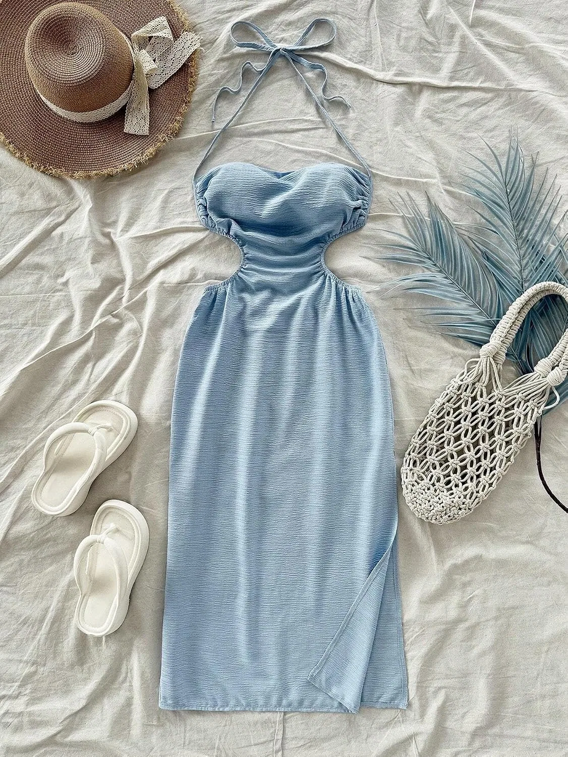 Женское повседневное платье на бретелях с открытой спиной Huhuidong, Blue — фото 4