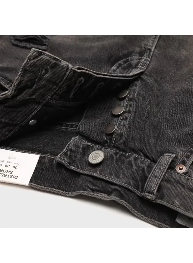 Шорты-бермуды джинсовые с потертостями и рваными деталями Zara, серо-черный — фото 4