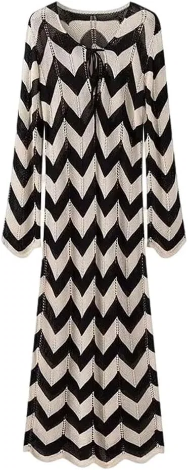 Женское платье миди в полоску с длинным рукавом, Black