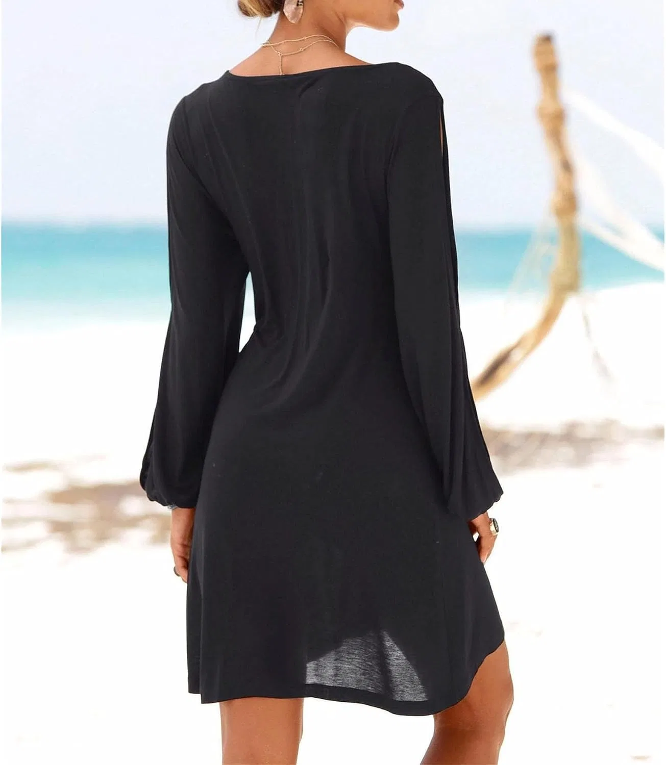 Женское офф-плеч платье с V-образным вырезом Casual Loose Beach, Black — фото 2