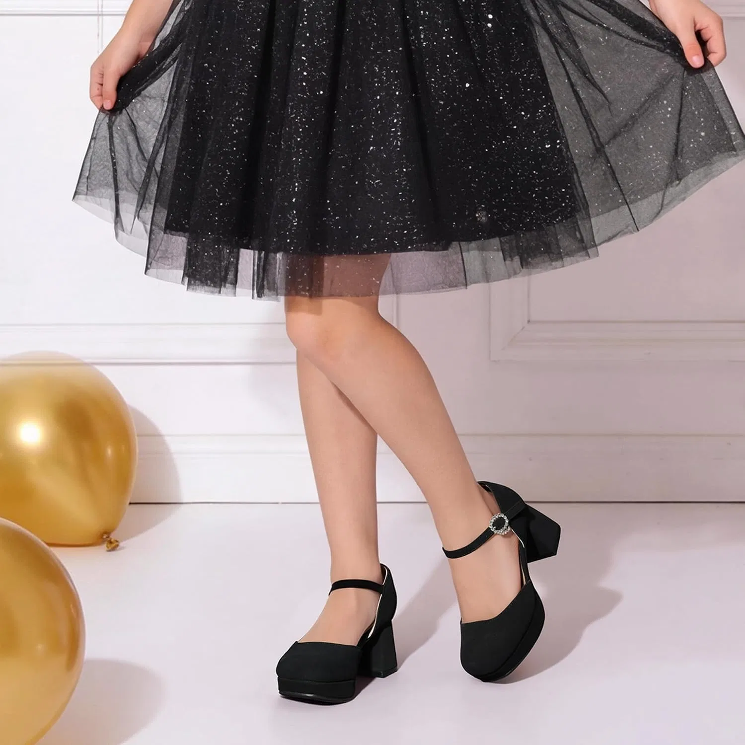 Детские туфли для девочек на платформе с цветочным принтом DREAM PAIRS, Black — фото 2