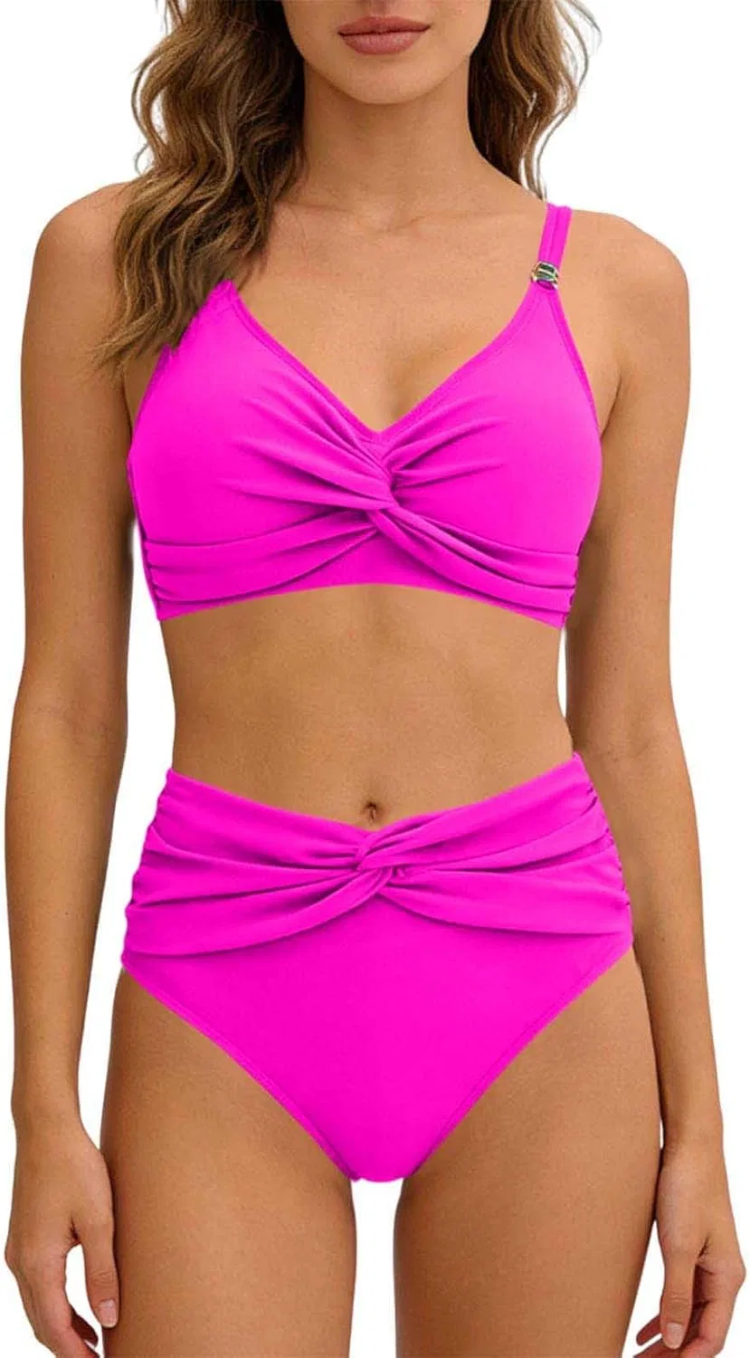 Женский купальный костюм с завышенной талией V-образным вырезом, Hot Pink