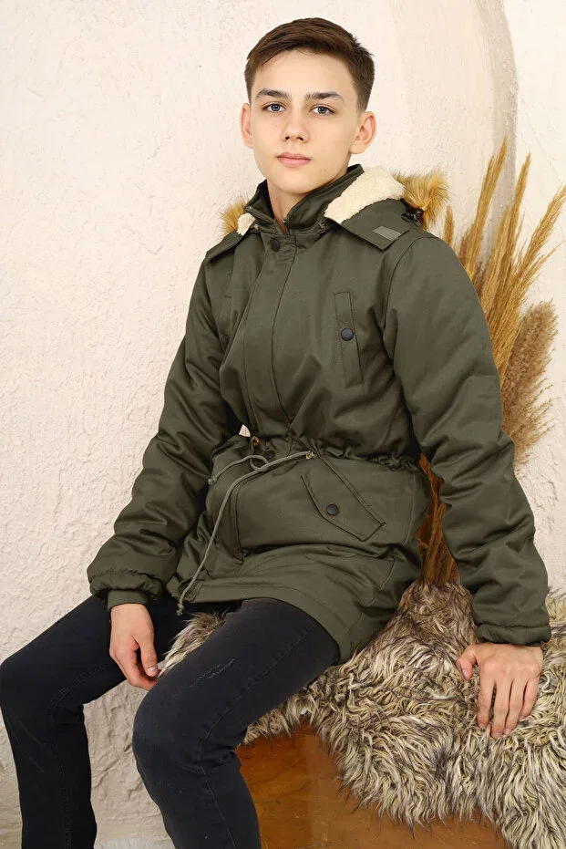 Детское зимнее пальто для девочек водонепроницаемое с капюшоном Joui Co, Khaki Green — фото 3