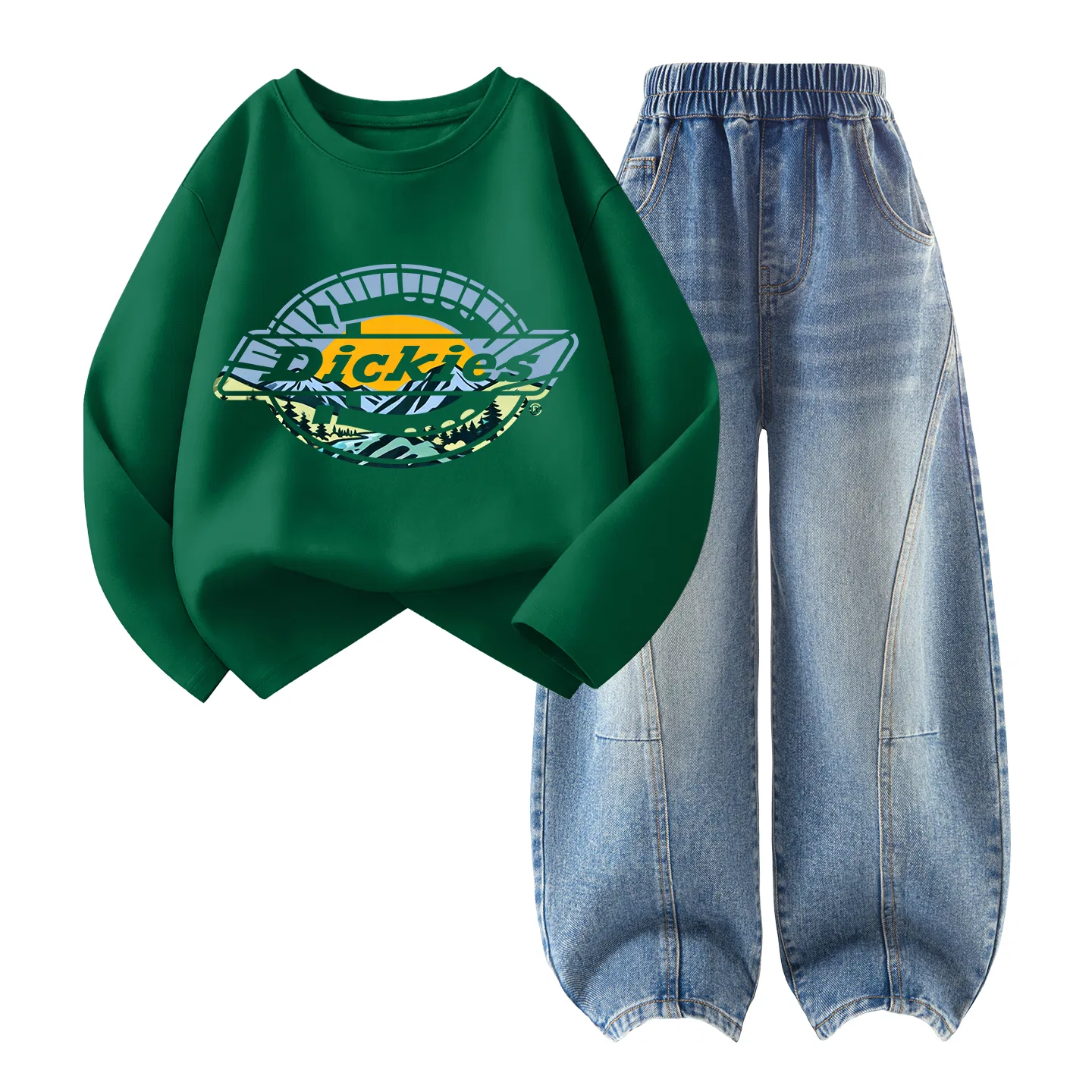 Детский комплект из свитшота и джинсовой куртки Sun Mountain Logo Vintage Green+Solid Color Denim Light Blue, Dickies