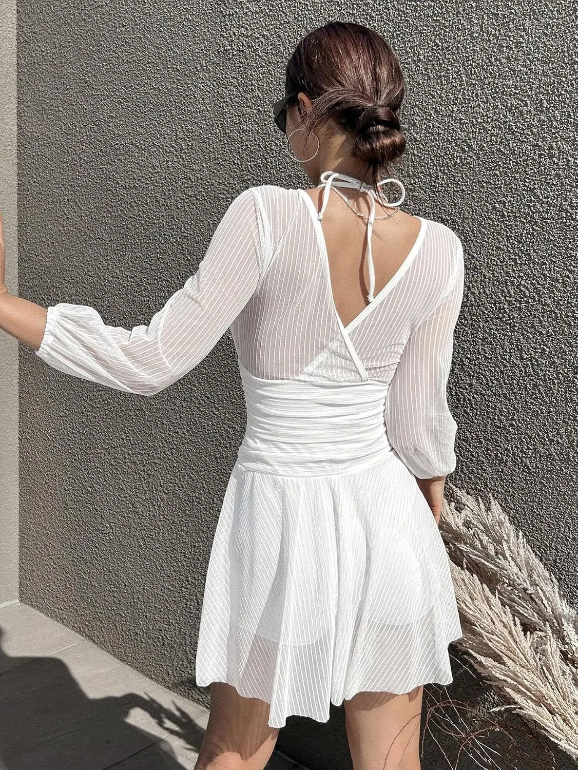 Женский монокини с галстуком на спине с длинным рукавом, White — фото 2