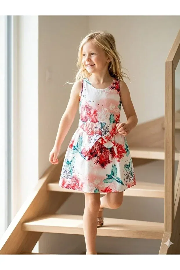 Детское платье для девочек с принтом Bird Printed Hilal Akıncı Kids, Red — фото 2