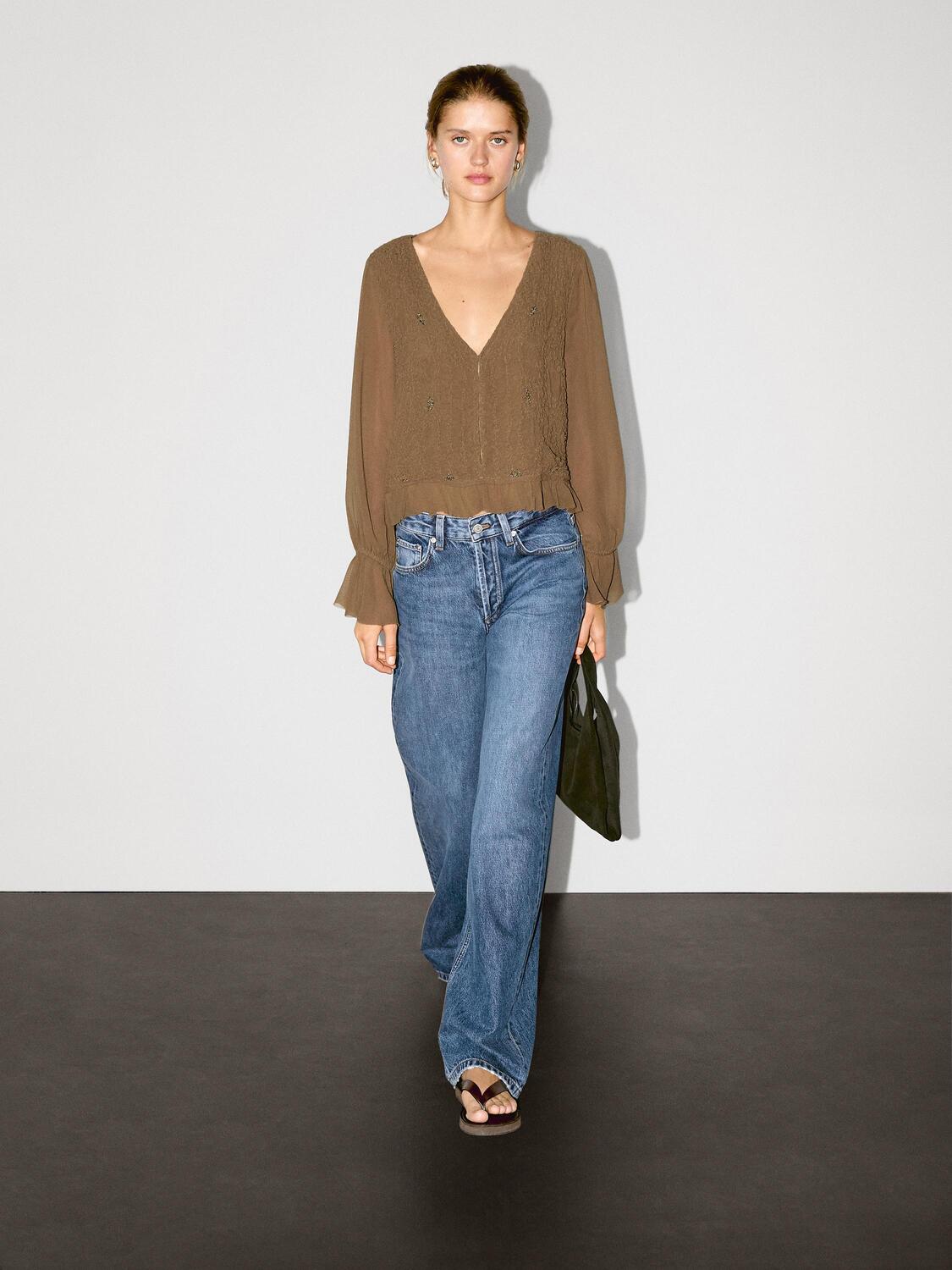 

Текстурированная рубашка с оборками Massimo Dutti, Pale Khaki