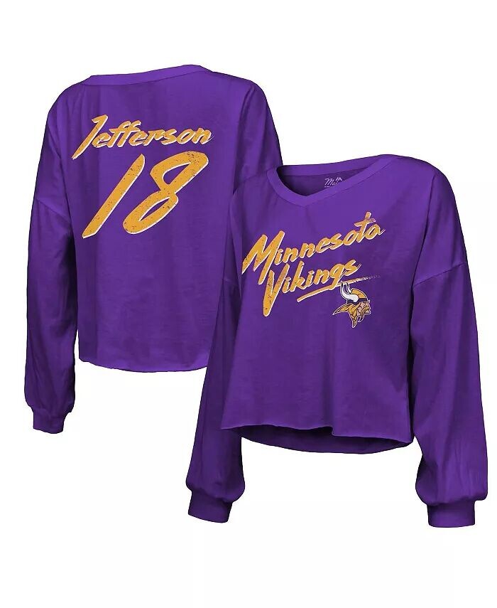 

Женские нити Justin Jefferson Purple, рваная футболка с именем и номером Minnesota Vikings с открытыми плечами и надписью, укороченная футболка с длинными рукавами и v-образным вырезом Majestic