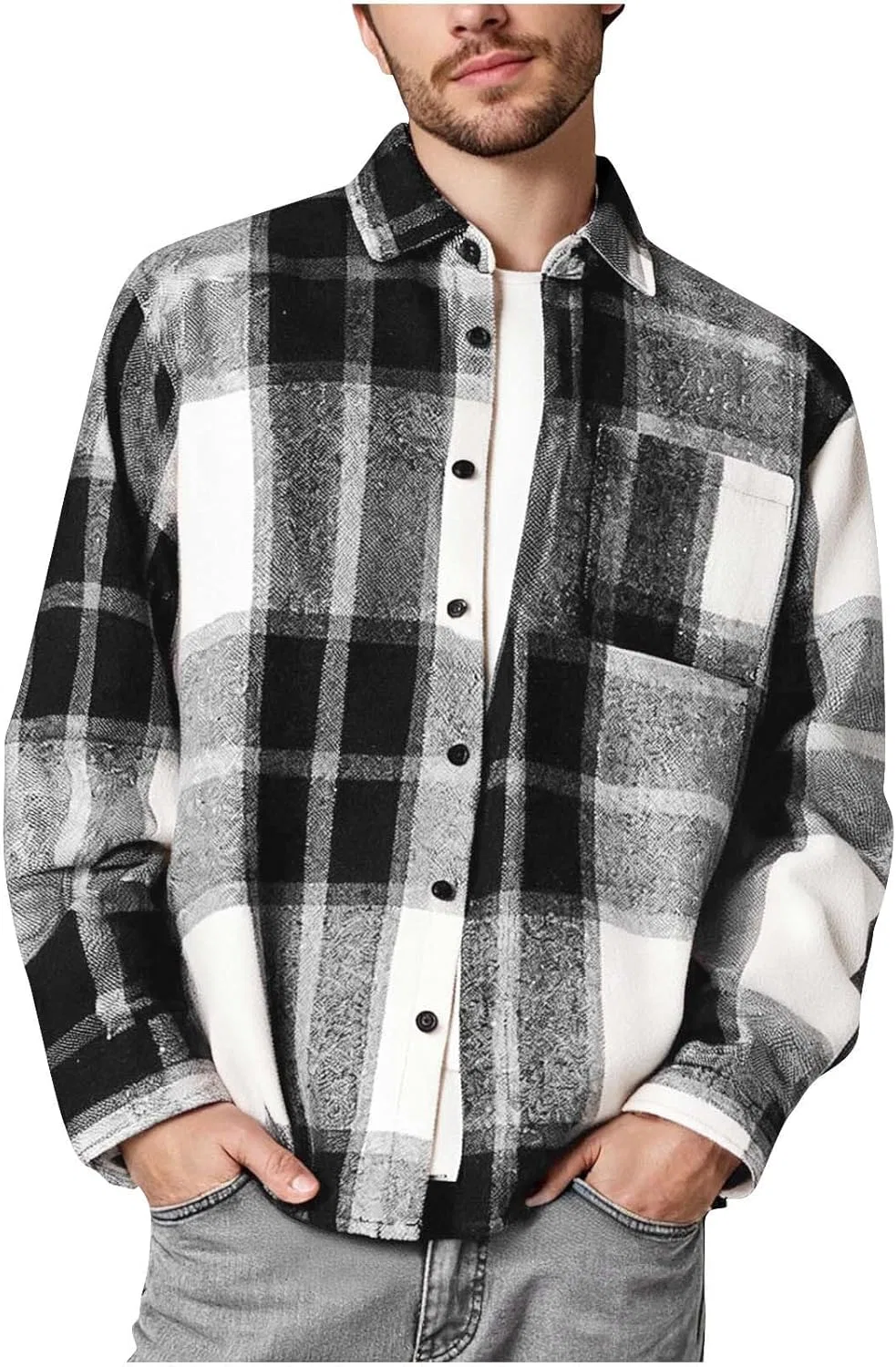 Фланелевая рубашка для мужчин Vintage Plaid с длинным рукавом, шакат, мужская повседневная на пуговицах, осенняя легкая рубашка-куртка, удобная generic, серый