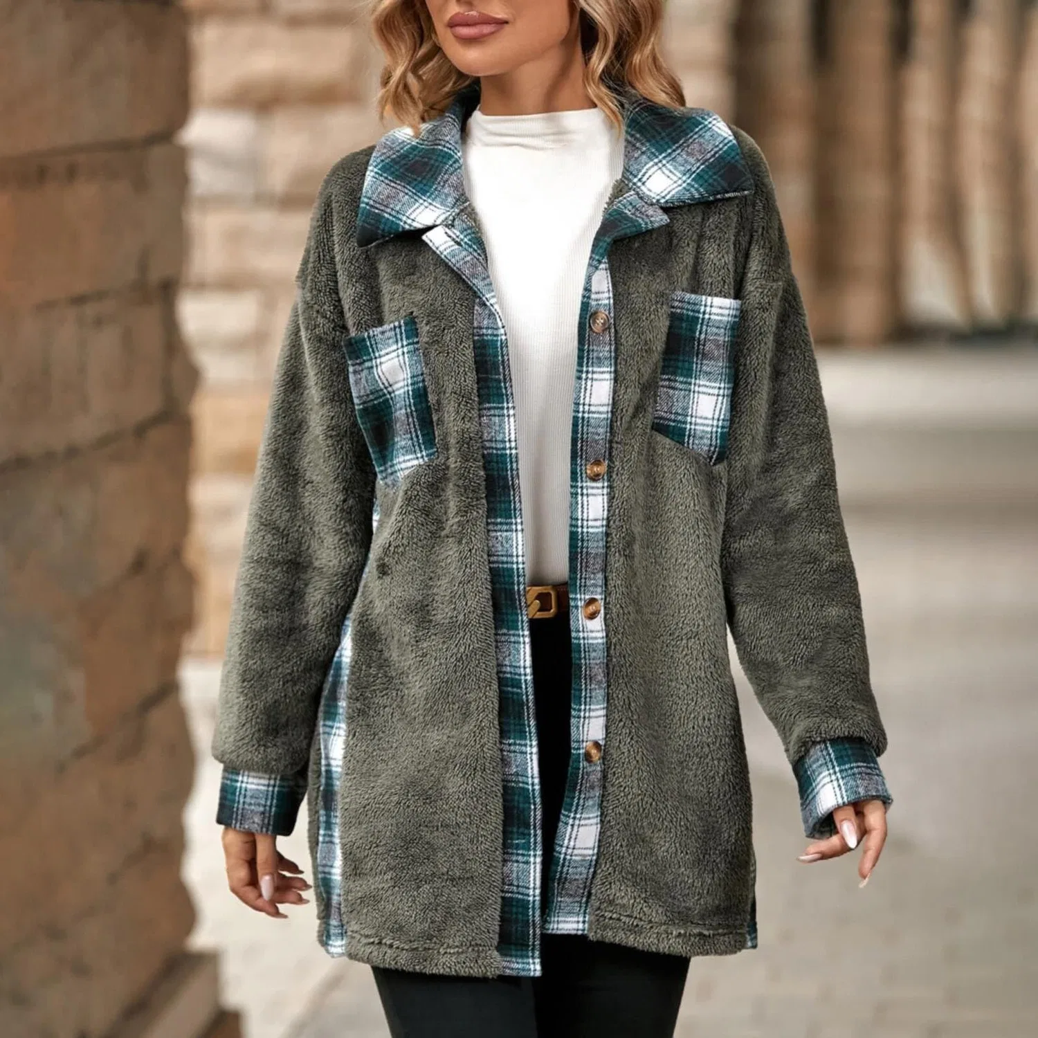 Женское шотландское пальто с лацканами, однобортное, из флиса, модель Scottish Short Jacket, grey — фото 4