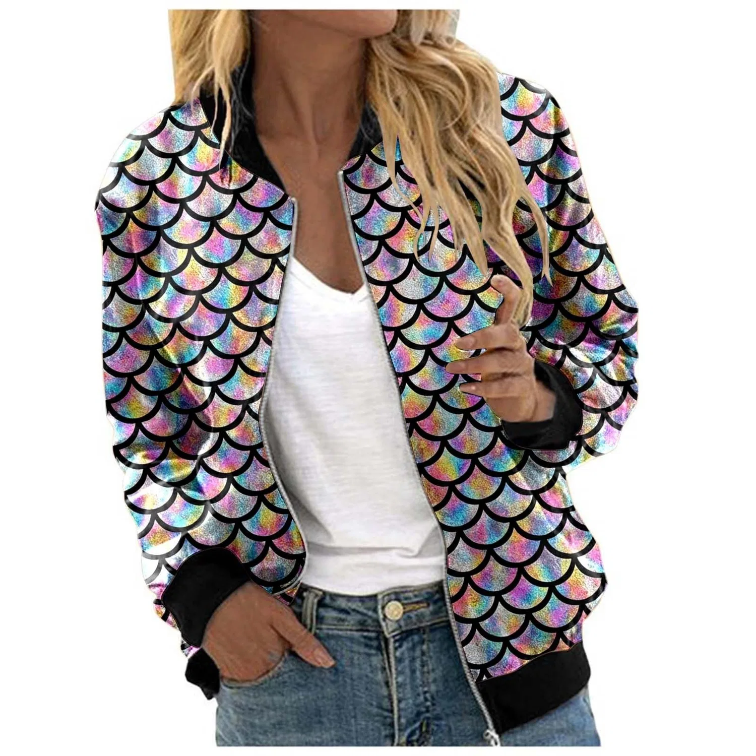 Женская куртка с принтом чешуи, модель bomber, Multicolore