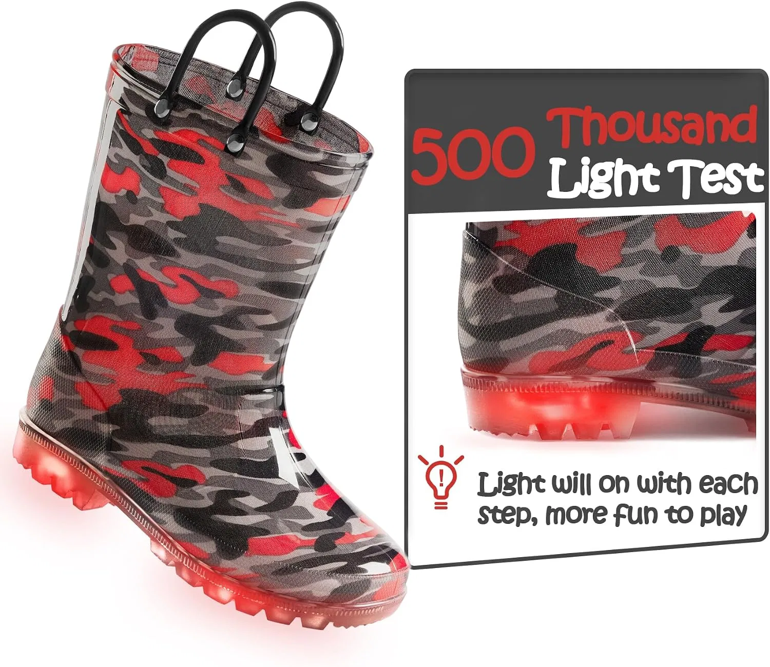 Детские резиновые сапоги с подсветкой для мальчиков и девочек K KomForme, Black/Red Camouflage — фото 4