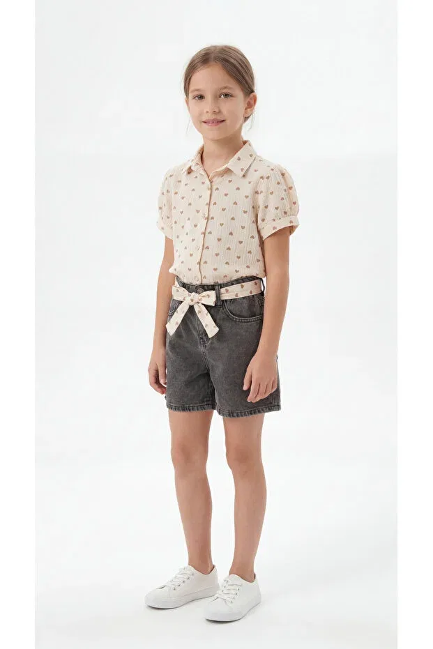 Детский комплект для девочек с принтом All Over Heart Printed Bowknot Mışıl Kids, Beige — фото 2