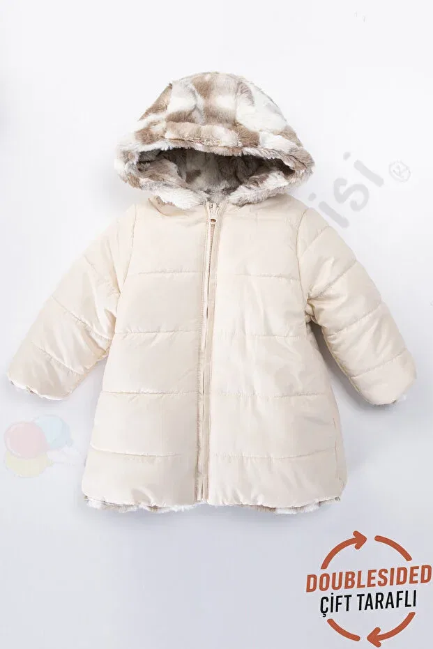 Детское зимнее пальто для девочек пуховое с капюшоном Ofislot, Ecru