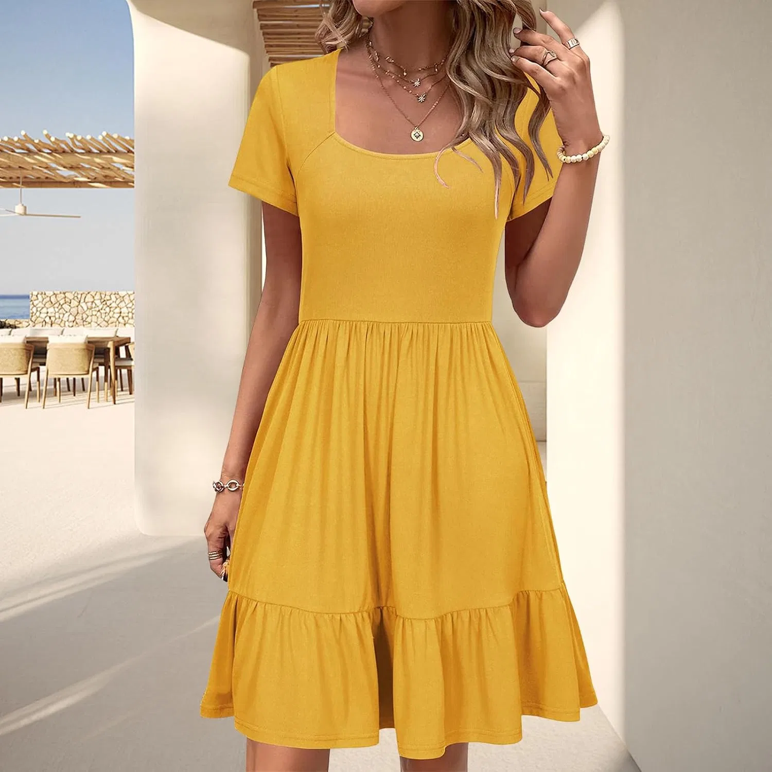 Женское мини-платье с рюшами, повседневное, Yellow — фото 2