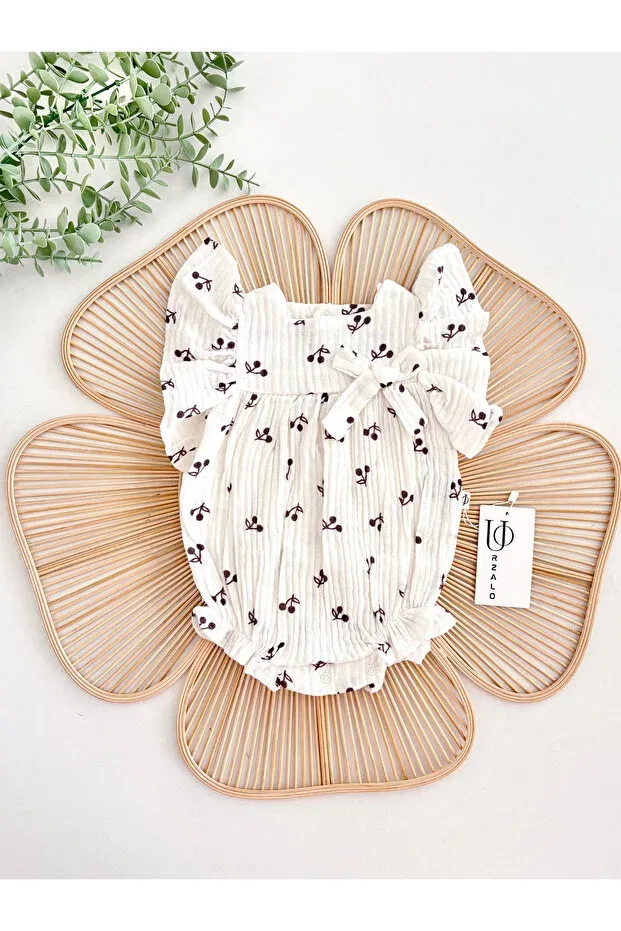 Детский комбинезон для девочек с принтом Cherry Patterned Bow Detailed Jammybaby, White