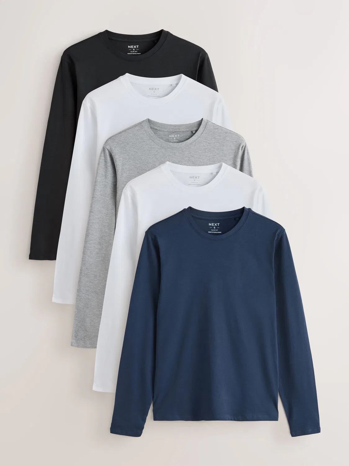 Футболка с длинным рукавом Slim Fit, набор 5 шт Next, белый/черный/серый/темно-синий