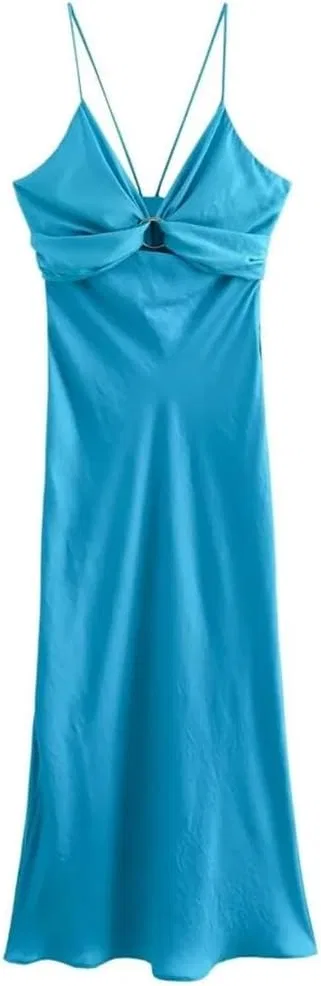 Женское летнее платье миди с открытой спиной Silk Satin, Lake Blue