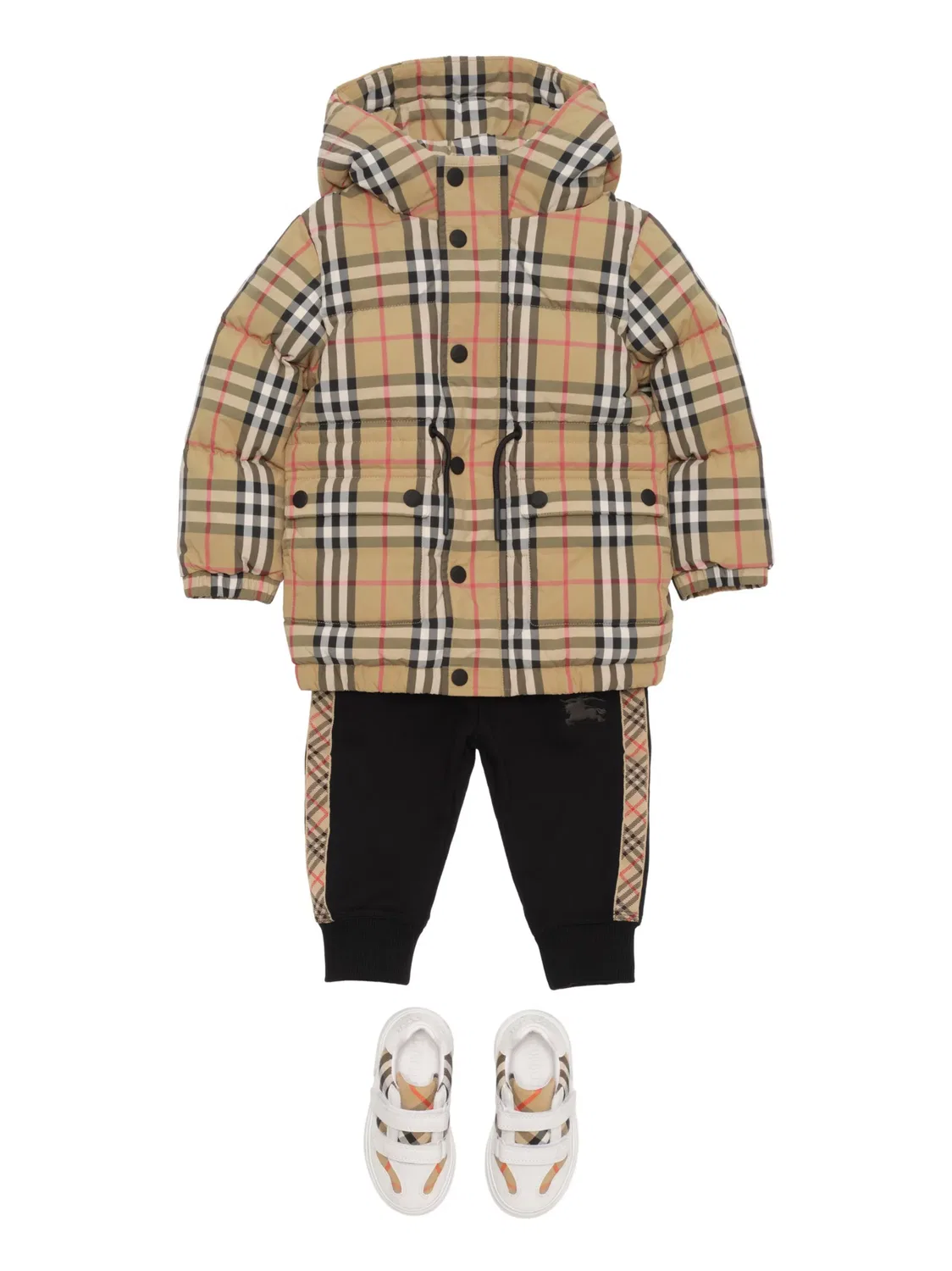 Клетчатый пуховик с капюшоном Burberry Kids, нейтральные цвета