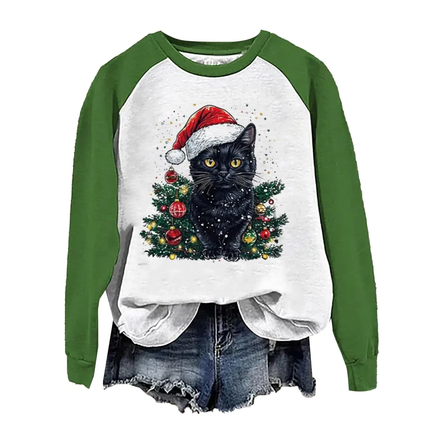 Женский свитшот с принтом Christmas Tree Funny Cat Say What Woman Pullover, Z11 Green — фото 3