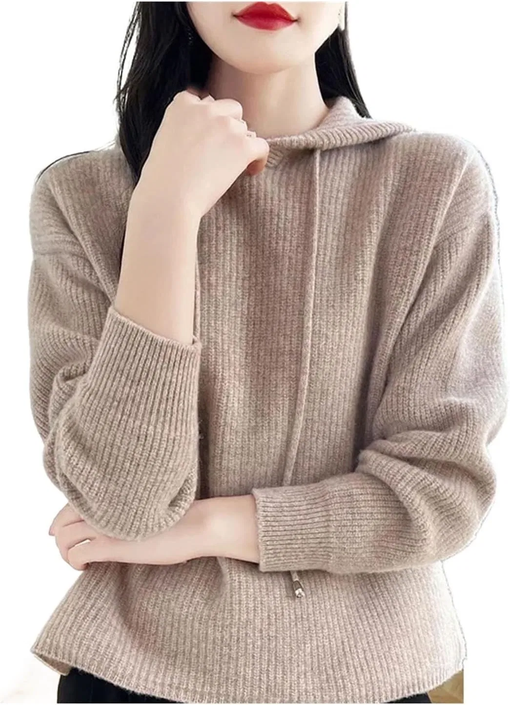 Женский пуловер с капюшоном, свободный крой, Wool Knitted Hooded, Elegant Camel