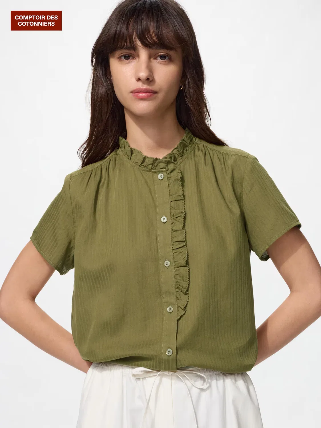 Рубашка Uniqlo, полосатая хлопковая с оборками, оливковый