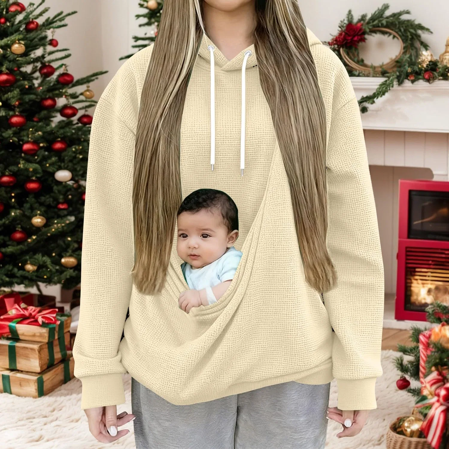 Женский худи с длинным рукавом и карманом-кенгуру Cat Hoodie, z11 beige — фото 3