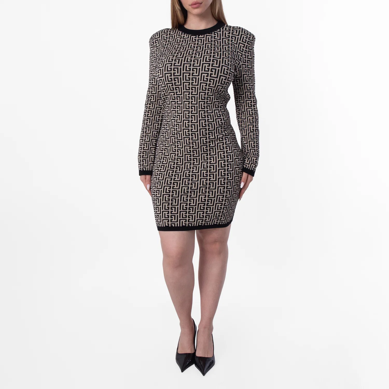 Платье мини с жаккардовым принтом Jacquard Monogram Balmain, Gfe Ivoire/Black