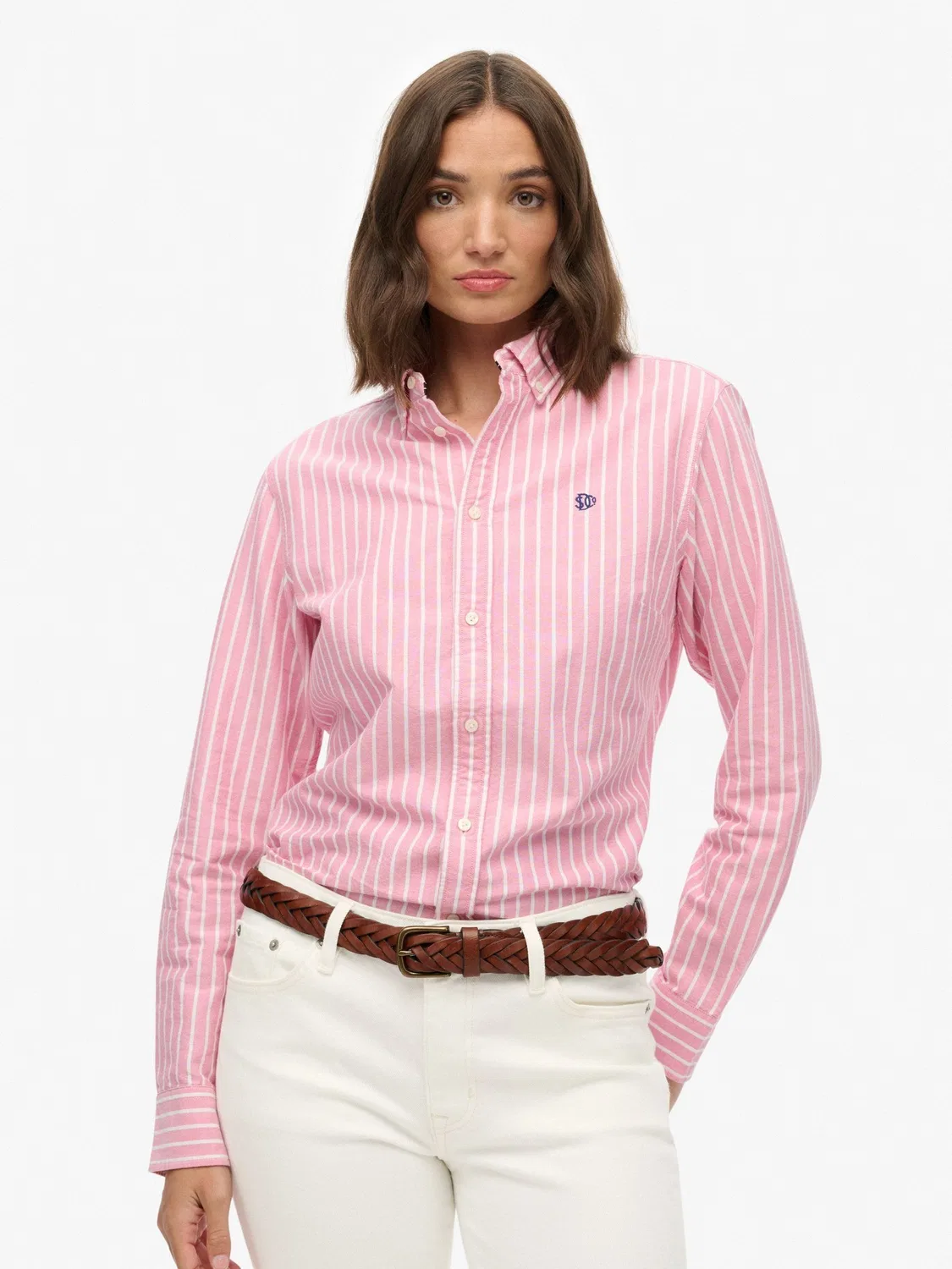 Рубашка оксфордская Slim Oxford Superdry, розово-белая полоска — фото 3
