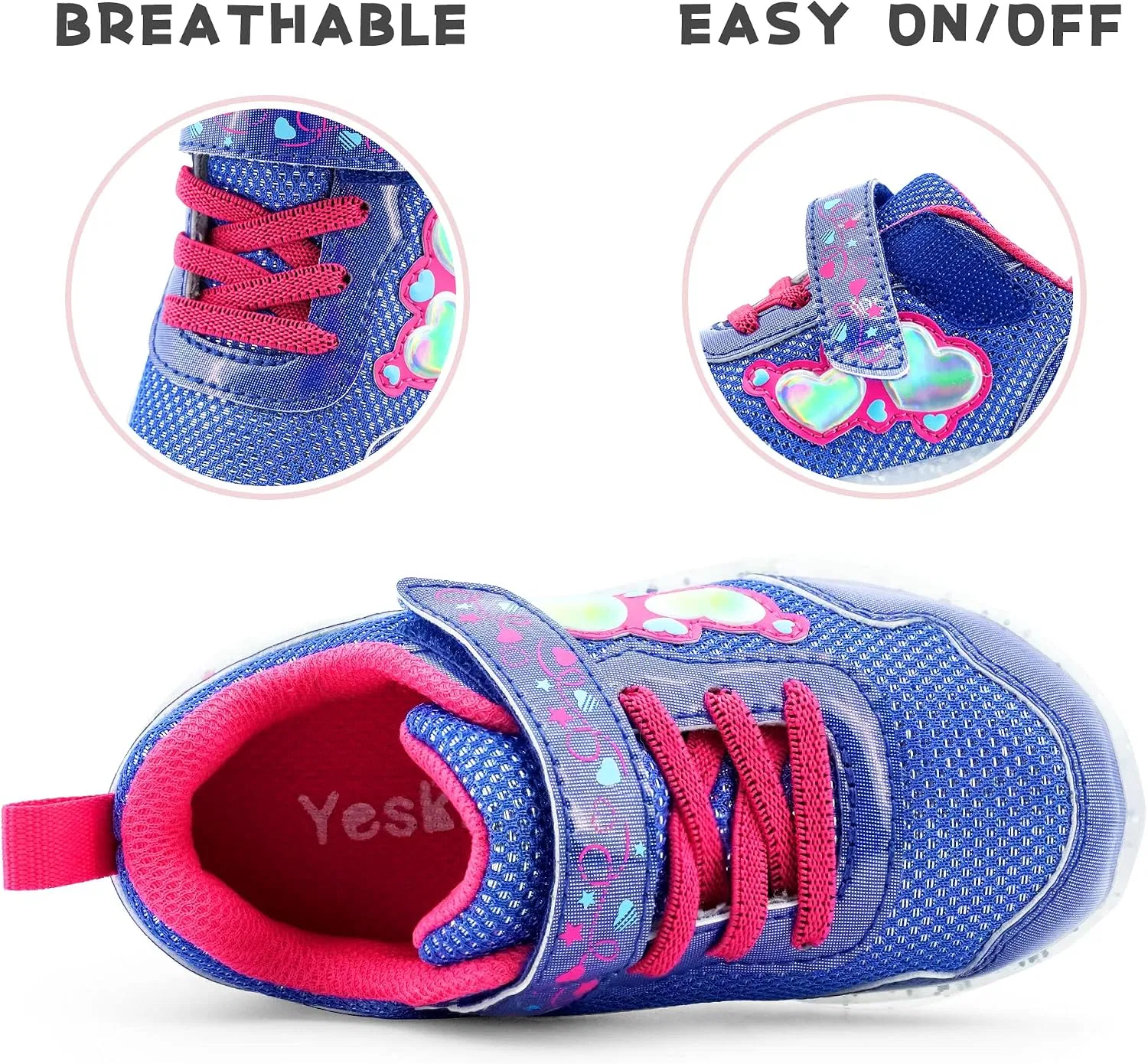 Детские кроссовки для девочек со светящейся подошвой YESKIS, Diva Heart Royal Blue Light Up Shoes — фото 3