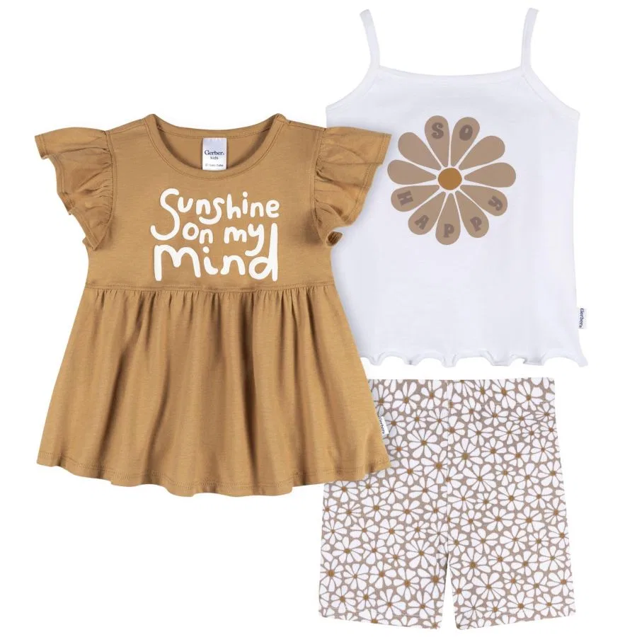 Комплект из 3 предметов для девочек: футболка и топ с шортами, Daisy Sunshine Gerber, 24 Months, Daisy Sunshine