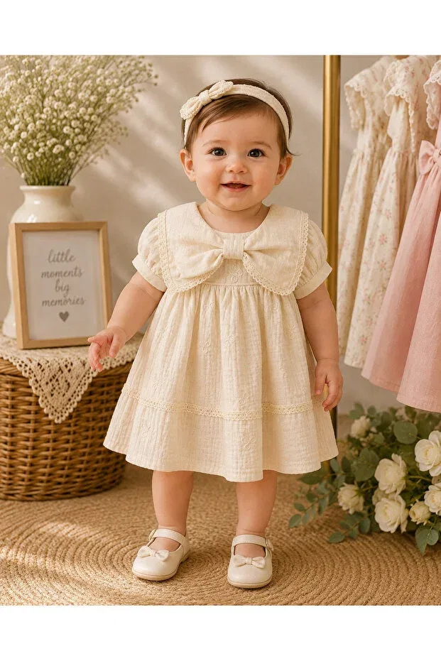 Детское платье для девочек муслиновое с коротким рукавом Miray Baby Kids, Ecru — фото 2