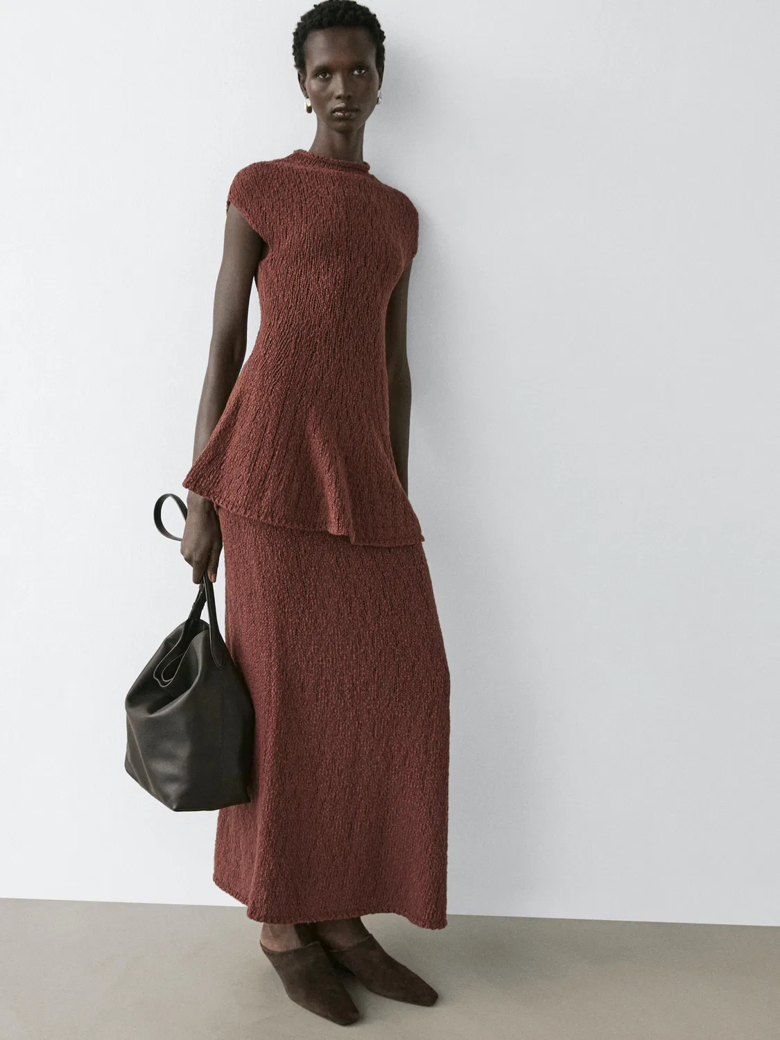 Хлопковая вязаная юбка миди Massimo Dutti, Russet — фото 3