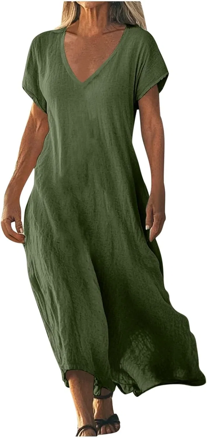 Женское свободное макси-платье V-образным вырезом, Army Green