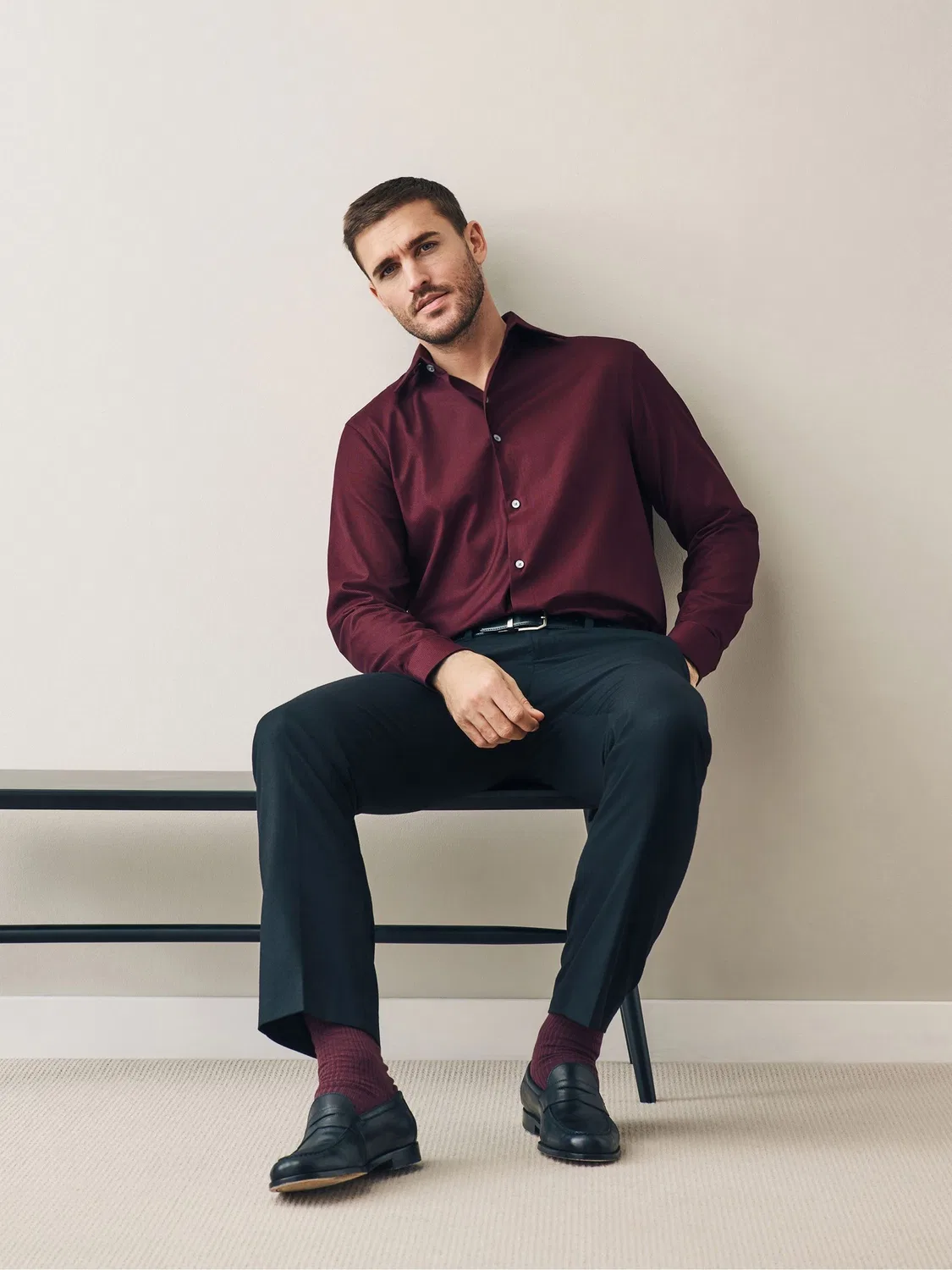 Рубашка классическая Slim Fit, Signature Next, Бургунди — фото 2